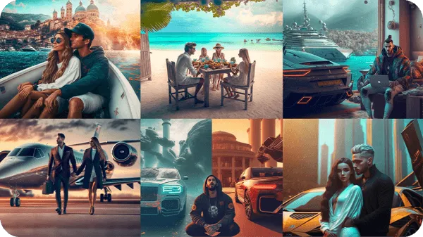 Montage of a luxury lifestyle all over the world with boats, super cars and private planes